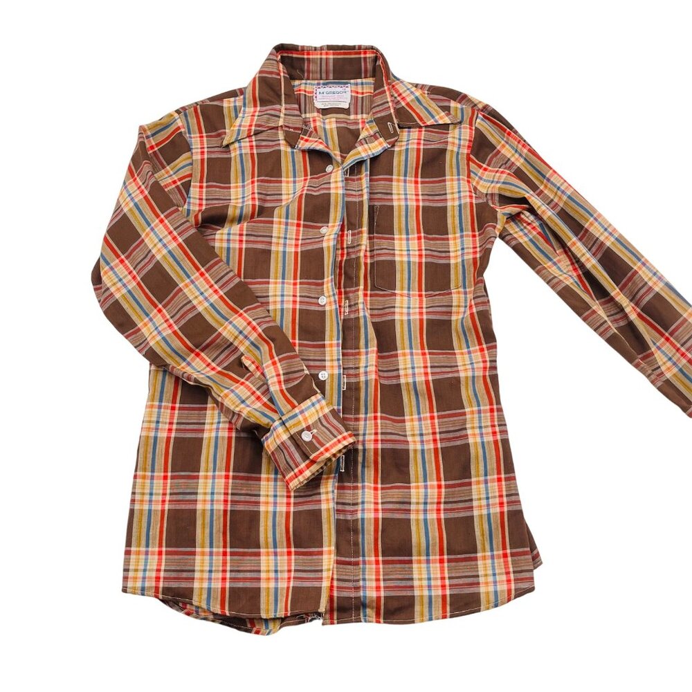Vintage McGregor Mens Plaid Button-Up‎ Shirt Size 18 Brown Orange